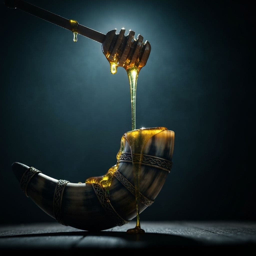 Honey dripping into viking horn